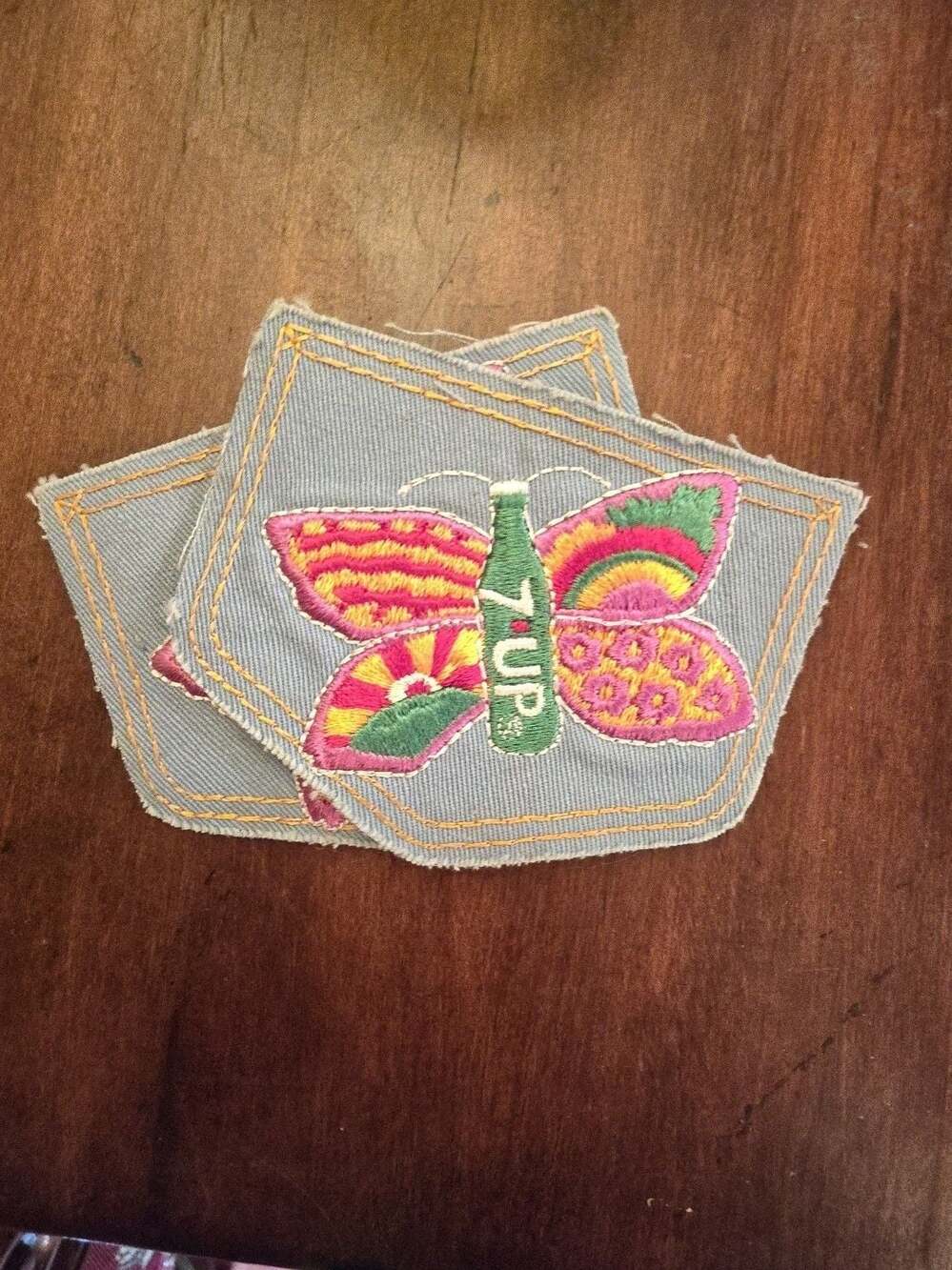 Vintage 1970s 7UP Butterfly Embroidered Denim Pocket Patches Set